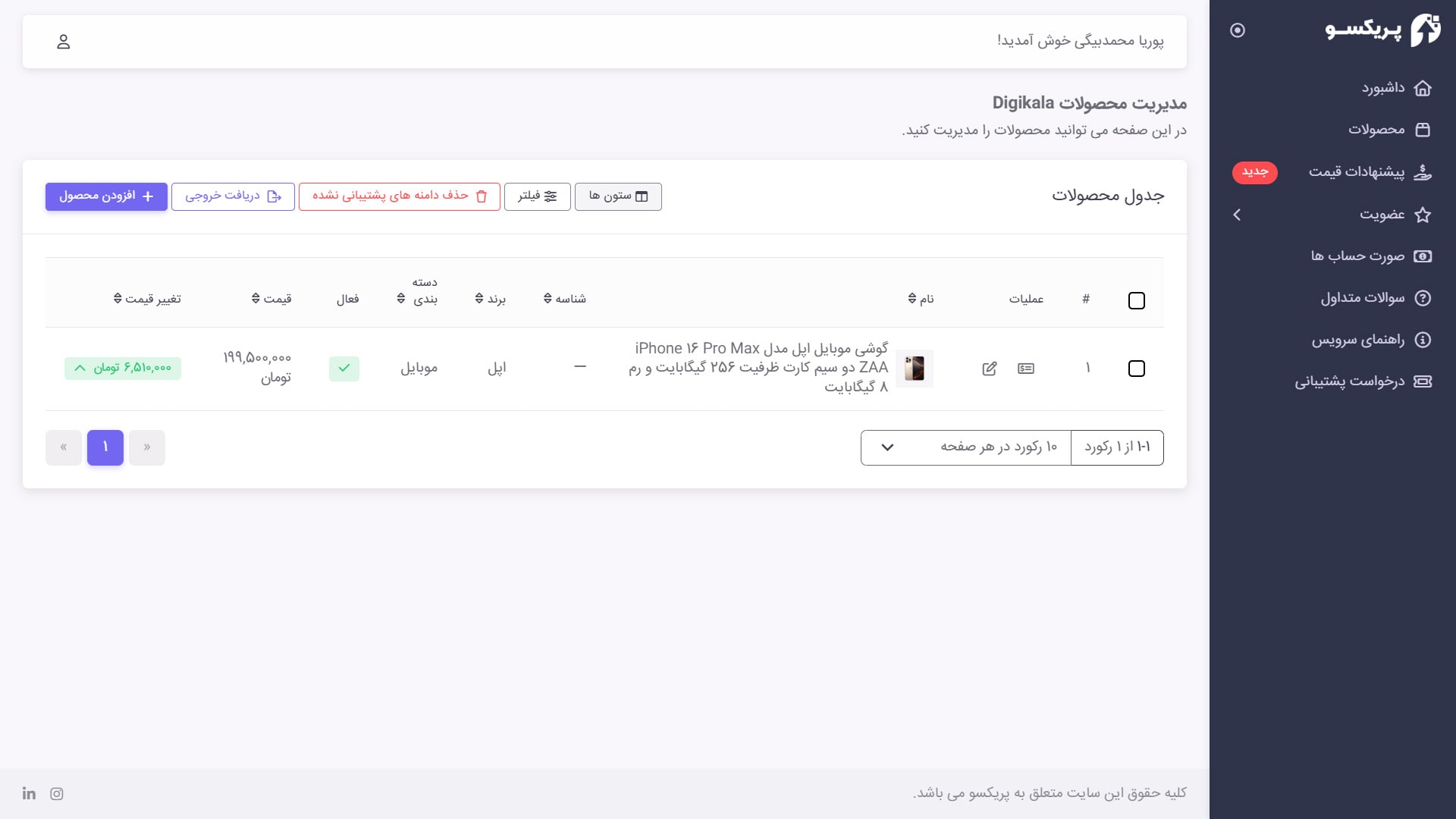 جدول قیمت محصولات فروشگاه